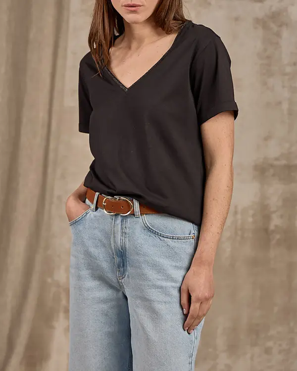 T-shirt col V lurex noir