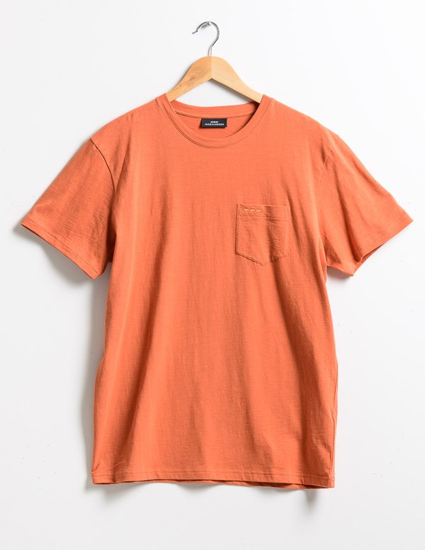 T-shirt uni manches courtes poche poitrine en coton marron