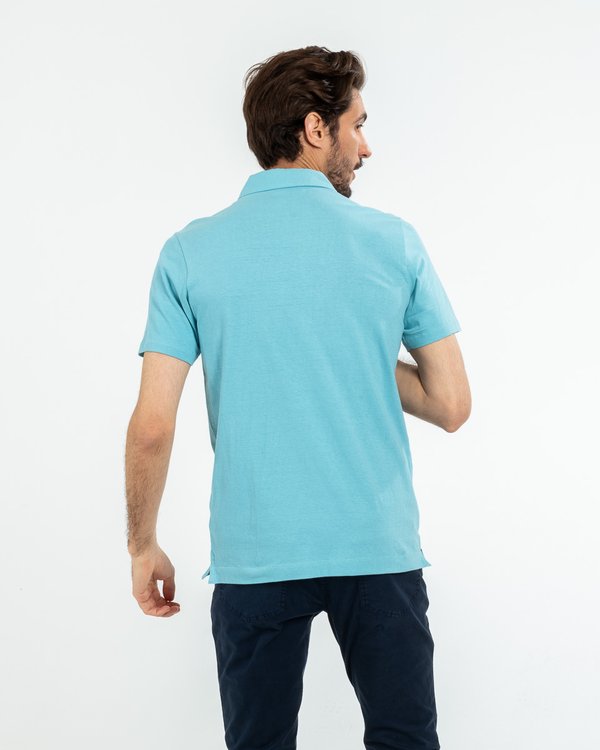 Polo uni manches courtes en coton et lin bleu