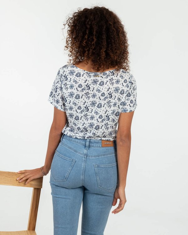 T-shirt imprimé fantaisie col V à manches courtes bleu