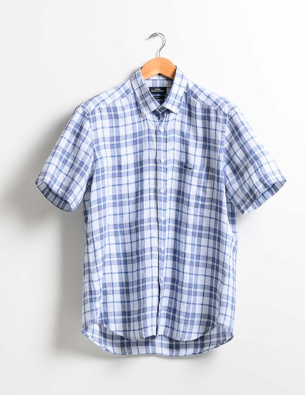 Chemise manches courtes regular fit à carreaux en lin bleu Chemise manches courtes regular fit à carreaux en lin bleu