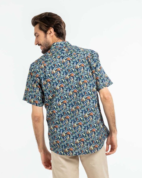 Chemise manches courtes fantaisie en lin et coton bleu Chemise manches courtes fantaisie en lin et coton bleu