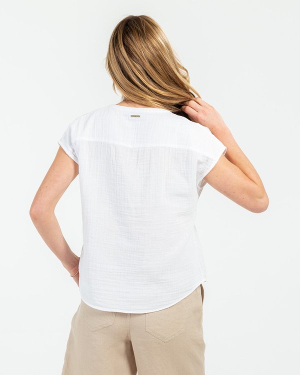 Top manches courtes uni col V à boutons en coton blanc Top manches courtes uni col V à boutons en coton blanc