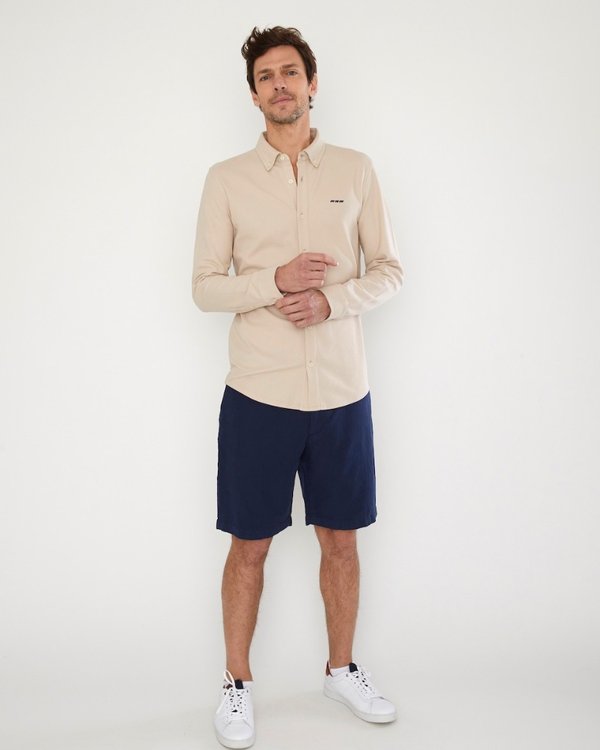 Chemise manches longues cintrée en coton piqué beige