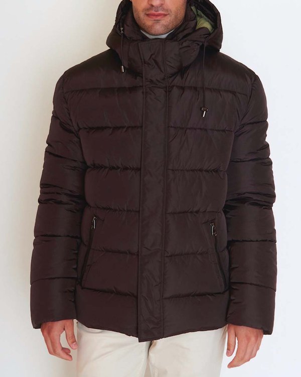 Doudoune mi-longue unie zippée à capuche amovible marron