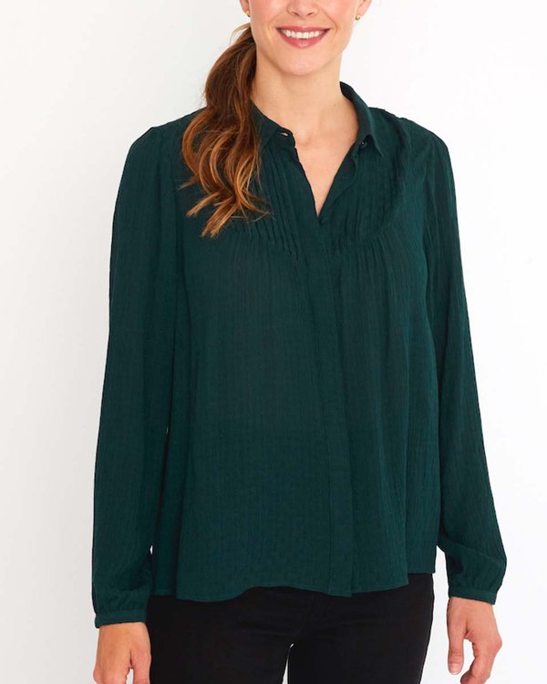 Chemisier à empiècement plissé en viscose jacquard vert Chemisier à empiècement plissé en viscose jacquard vert
