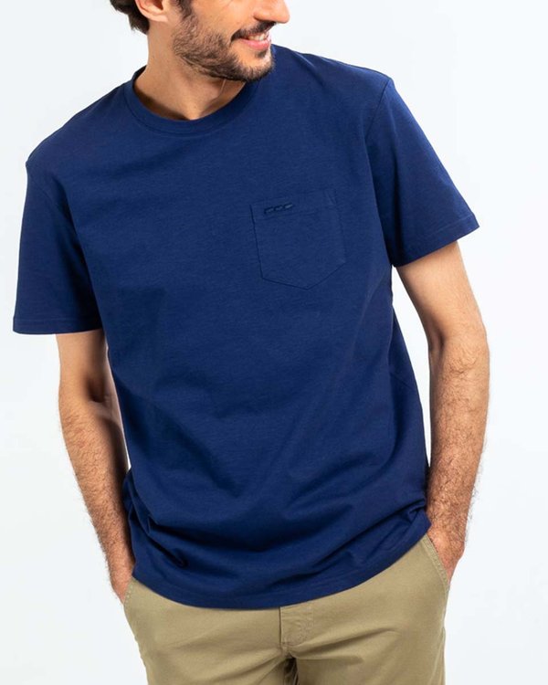 T-shirt uni manches courtes poche poitrine en coton bleu I Mise au Green