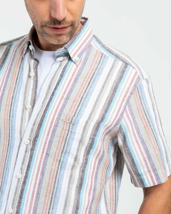 Chemise manches courtes à rayures verticales lin et coton beige Chemise manches courtes à rayures verticales lin et coton beige