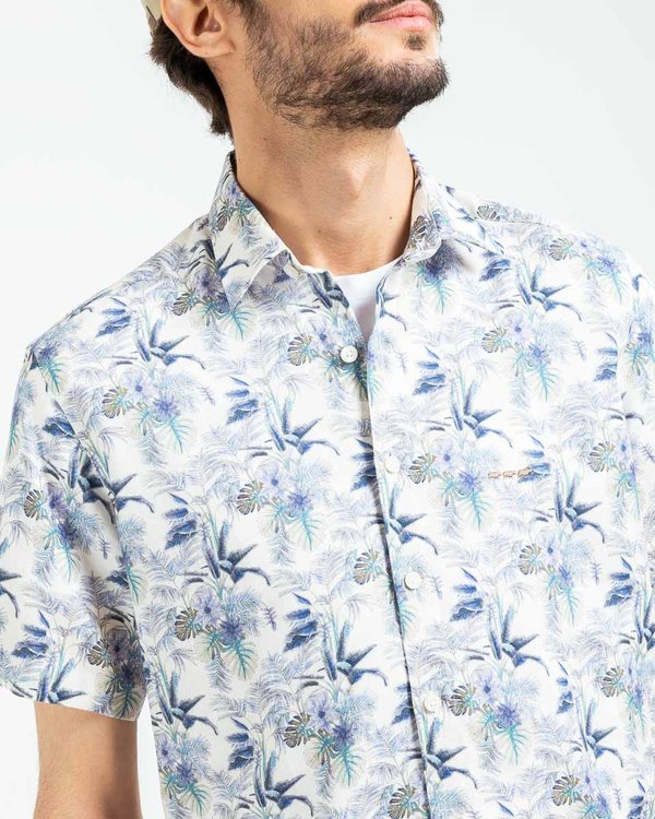 Chemise fantaisie manches courtes en lin et coton blanc