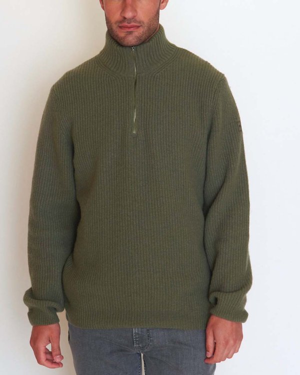 Pull col camionneur zippé uni en côte anglaise lambswool vert Pull col camionneur zippé uni en côte anglaise lambswool vert