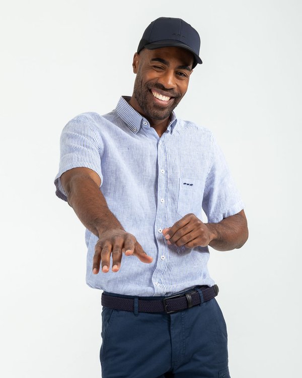 Chemise en lin rayures verticales manches courtes bleu Chemise en lin rayures verticales manches courtes bleu