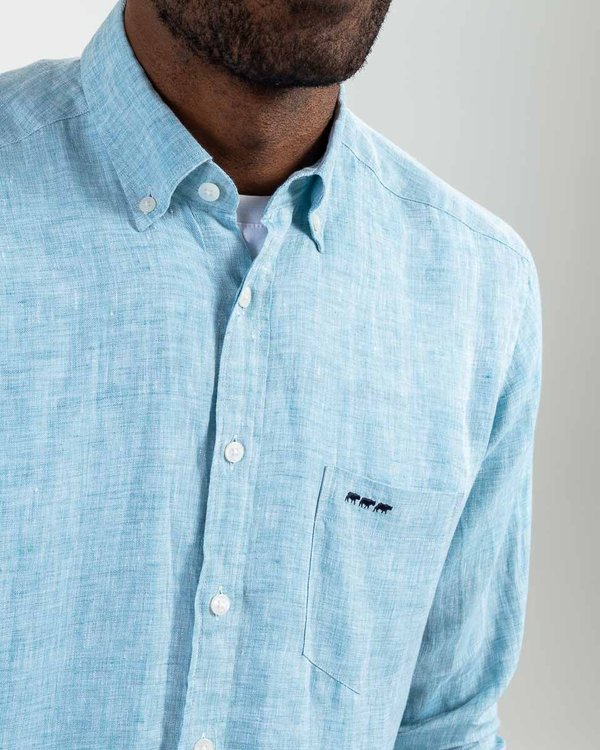 Chemise manches longues en lin unie regular fit bleu Chemise manches longues en lin unie regular fit bleu
