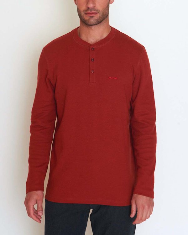 T-shirt manches longues uni col tunisien 100% coton rouge