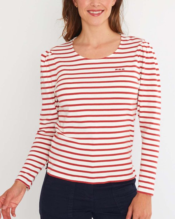T-shirt manches longues rayé marinière col rond en coton marron