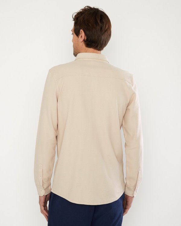 Chemise manches longues cintrée en coton piqué beige
