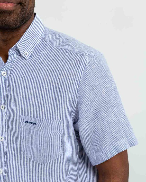 Chemise en lin rayures verticales manches courtes bleu Chemise en lin rayures verticales manches courtes bleu