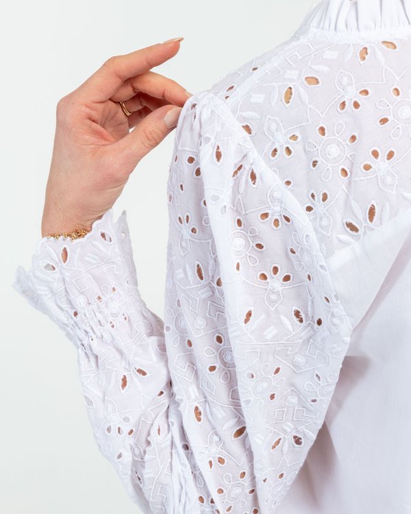 Chemisier manches longues broderie anglaise en coton blanc Chemisier manches longues broderie anglaise en coton blanc
