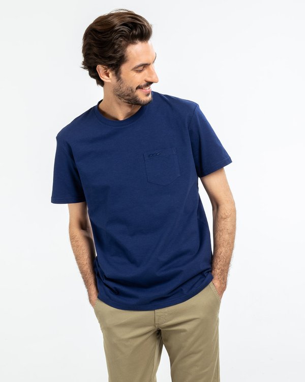 T-shirt uni manches courtes poche poitrine en coton bleu