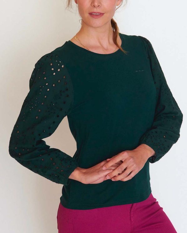 T-shirt uni manches manches longues broderie anglaise vert T-shirt uni manches manches longues broderie anglaise vert