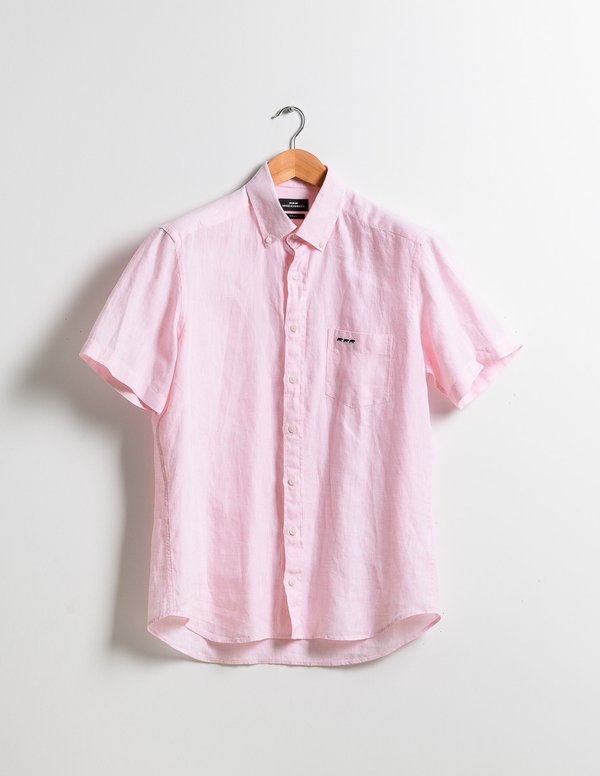 Chemise en lin regular fit unie à manches courtes rose Chemise en lin regular fit unie à manches courtes rose