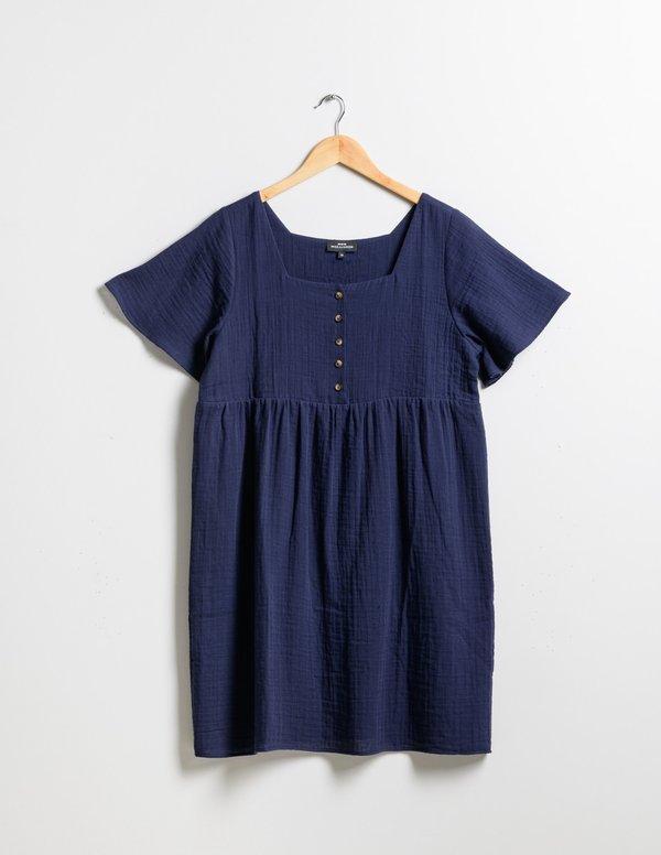 Robe unie évasée col carré en coton bleu Robe unie évasée col carré en coton bleu
