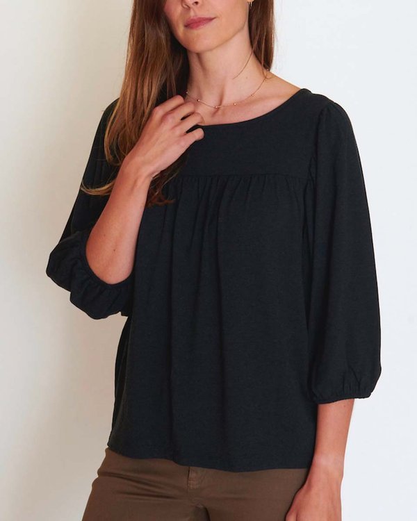 T-shirt manches 3/4 ballons uni col rond viscose et laine noir T-shirt manches 3/4 ballons uni col rond viscose et laine noir