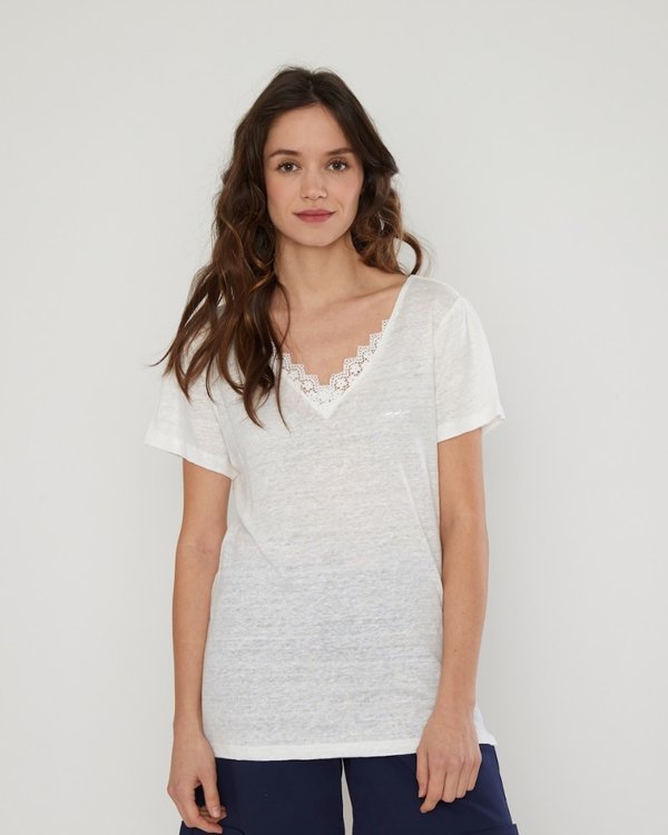 T-shirt manches courtes uni col dentelle en lin blanc
